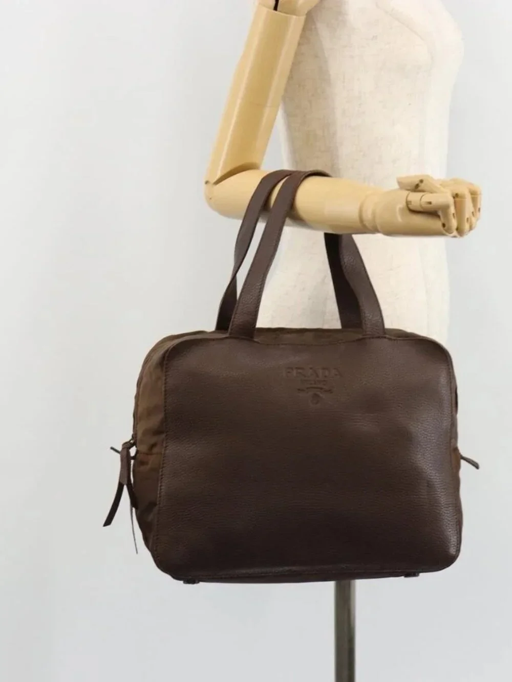 PRADA Hand Bag Leather Brown Gold Auth